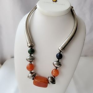 Tribal Bohemian Ethnic Orange Glass Beads Metal Necklace